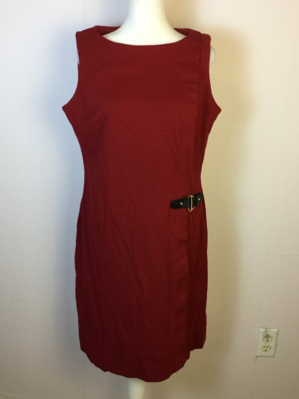 Lauren Ralph Lauren Sheath Dress Sz 14 Womans Red Gold Leather Buckle Sleeveless